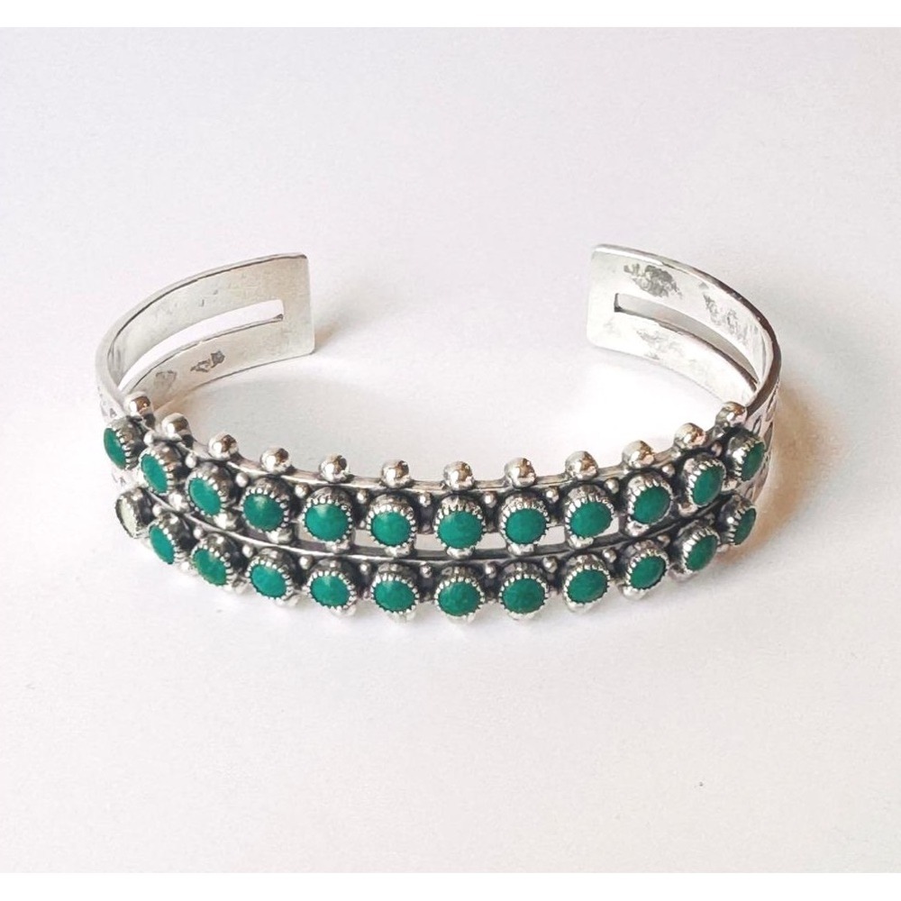 Vintage Sterling Silver Double Row Green Stone Cuff Bracelet Southwestern READ